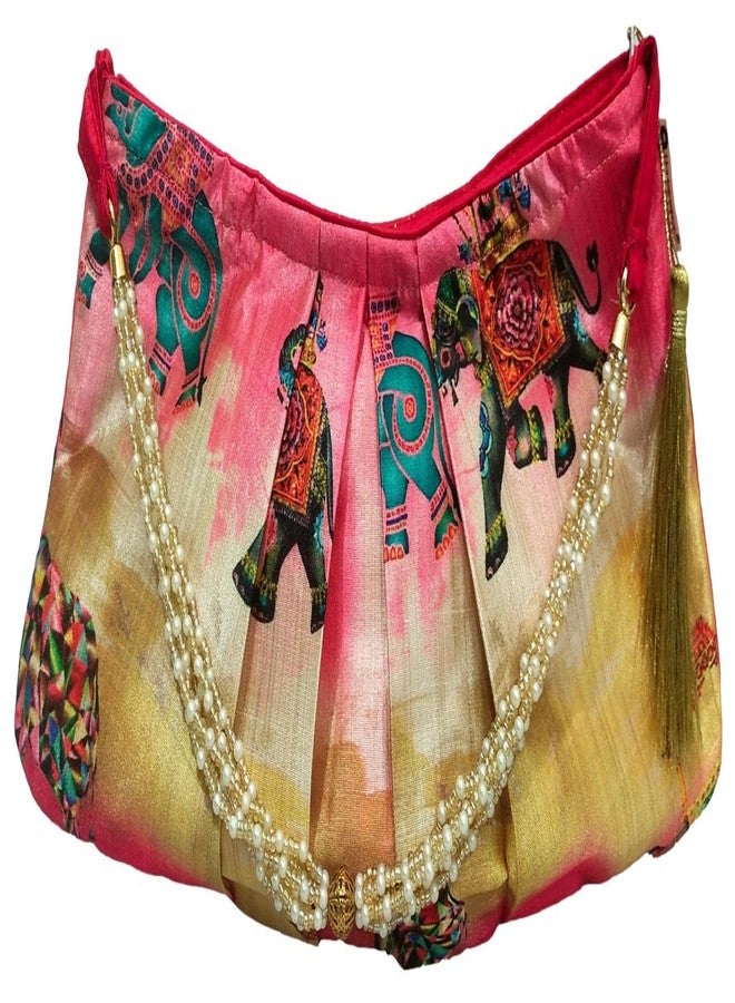 athizay Potli bags wooden handle tassel hanging Solid | Plain | Printed Fabric | Cotton | Polycotton | Jute | jacquard hand carry wristlets pouch bags for women (Multicolor, Elephant Print) - Image 3